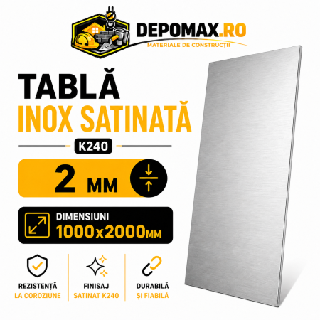 Tabla inox satinata K240 AISI 304/304L, 2 x 1000 x 2000 mm, 2 mp